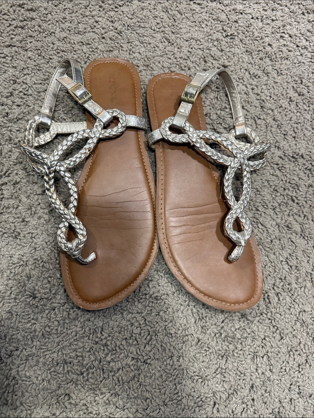 Merona(11) Silver Braided T-Strap Sandals - Comfortable Summer Flats